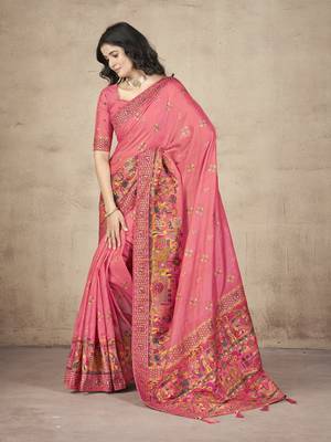 Pink Pashimina Silk Thread Embroidered Indian Wedding Saree 4