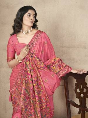 Pink Pashimina Silk Thread Embroidered Indian Wedding Saree 5