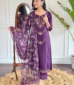 Women's Purple Embroidered Chanderi Fabric Straight Kurta, Pant and Dupatta Set
