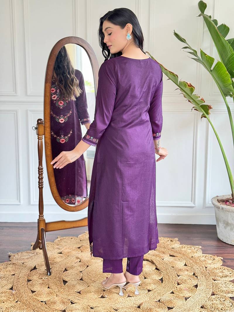 Women's Purple Embroidered Chanderi Fabric Straight Kurta, Pant and Dupatta Set