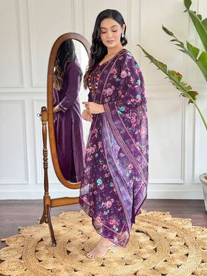 Women's Purple Embroidered Chanderi Fabric Straight Kurta, Pant and Dupatta Set 3