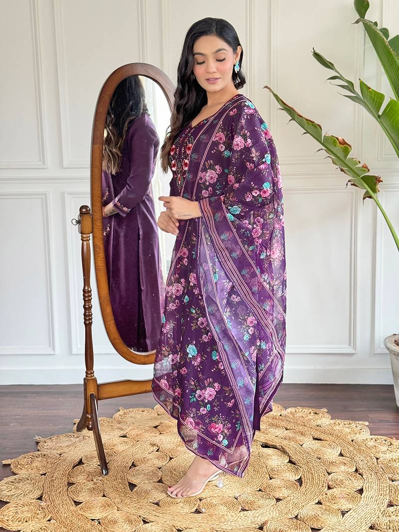 Women's Purple Embroidered Chanderi Fabric Straight Kurta, Pant and Dupatta Set