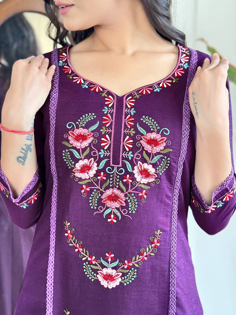 Women's Purple Embroidered Chanderi Fabric Straight Kurta, Pant and Dupatta Set