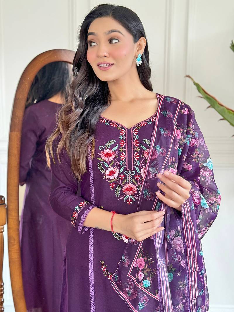 Women's Purple Embroidered Chanderi Fabric Straight Kurta, Pant and Dupatta Set