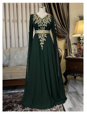 Grand Emerald Green Farasha Kaftan Gown with Gold Zari Work | Event & Wedding Dress 1
