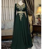 Grand Emerald Green Farasha Kaftan Gown with Gold Zari Work | Event & Wedding Dress