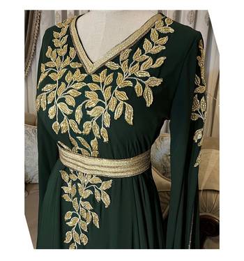 Grand Emerald Green Farasha Kaftan Gown with Gold Zari Work | Event & Wedding Dress 2
