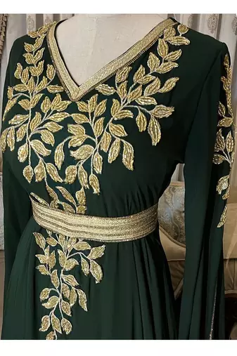 Grand Emerald Green Farasha Kaftan Gown with Gold Zari Work | Event & Wedding Dress