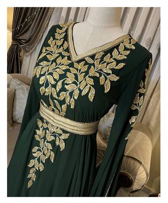Grand Emerald Green Farasha Kaftan Gown with Gold Zari Work | Event & Wedding Dress 3