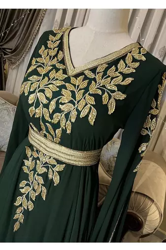 Grand Emerald Green Farasha Kaftan Gown with Gold Zari Work | Event & Wedding Dress