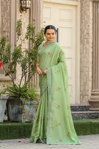 Sea-Green Tussar Cotton Dobby Sarees,Floral And Sequins Embroidery Work Saree