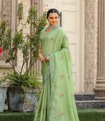 Sea-Green Tussar Cotton Dobby Sarees,Floral And Sequins Embroidery Work Saree