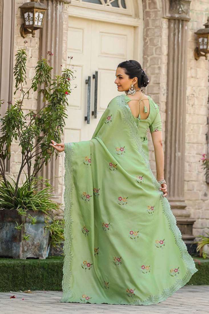 Sea-Green Tussar Cotton Dobby Sarees,Floral And Sequins Embroidery Work Saree
