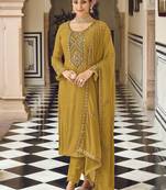 Yellow faux georgette embroidered salwar suit