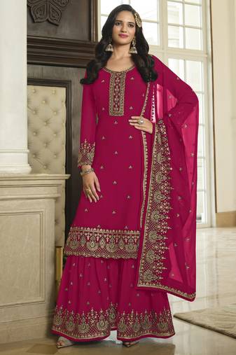 Pink georgette embroidered Palazzo suit