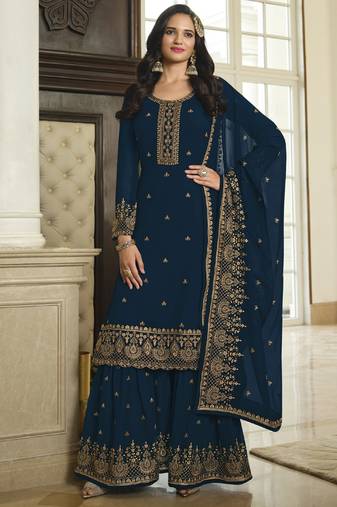 Navy blue georgette embroidered Palazzo suit