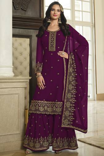 Violet georgette embroidered Palazzo suit