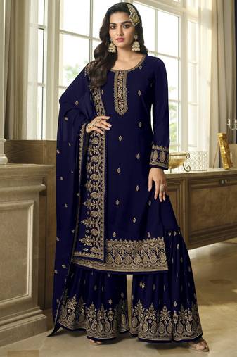 Blue georgette embroidered Palazzo suit
