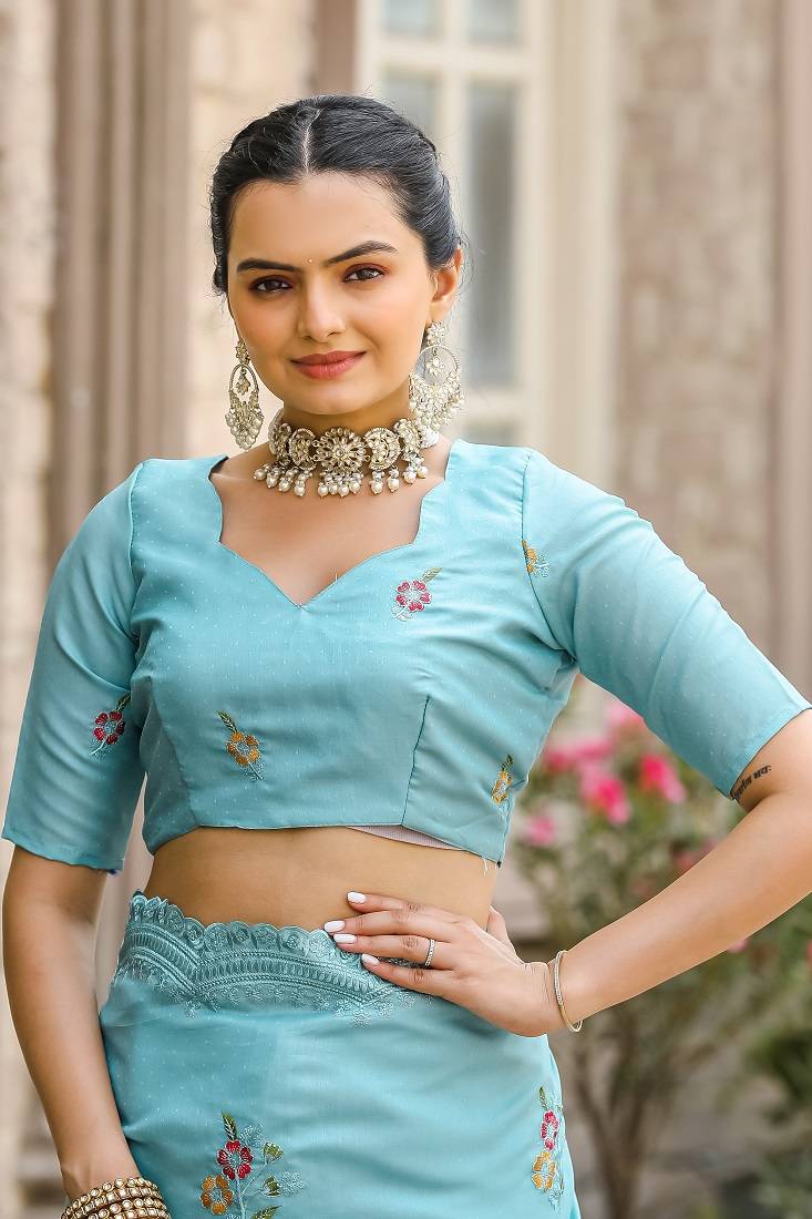 Sky-Blue Tussar Cotton Dobby Sarees,Floral And Sequins Embroidery Work Saree