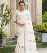 White Tussar Cotton Dobby Sarees,Floral And Sequins Embroidery Work Saree