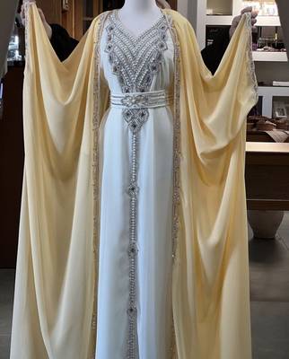Beige And White Zari Embroidered Stone Work Georgette Casual Stitched Wedding Party Wear Dress  2