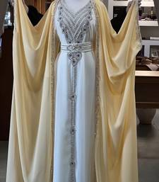 Beige And White Zari Embroidered Stone Work Georgette Casual Stitched Wedding Party Wear Dress 