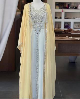 Beige And White Zari Embroidered Stone Work Georgette Casual Stitched Wedding Party Wear Dress  1