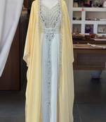 Beige And White Zari Embroidered Stone Work Georgette Casual Stitched Wedding Party Wear Dress 