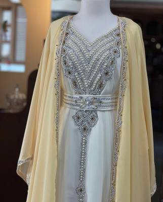 Beige And White Zari Embroidered Stone Work Georgette Casual Stitched Wedding Party Wear Dress  3
