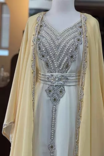 Beige And White Zari Embroidered Stone Work Georgette Casual Stitched Wedding Party Wear Dress 