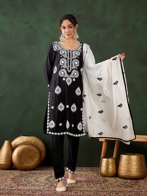 black lucknowi chikankari rayon straight kurta pant set with chanderi dupatta 1