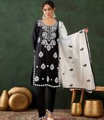 black lucknowi chikankari rayon straight kurta pant set with chanderi dupatta