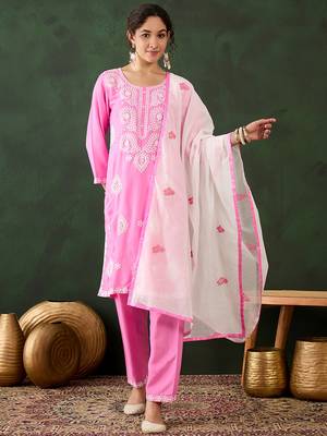 pink lucknowi chikankari rayon straight kurta pant set with chanderi dupatta 1