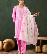 pink lucknowi chikankari rayon straight kurta pant set with chanderi dupatta