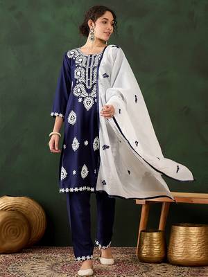 navy blue lucknowi chikankari rayon straight kurta pant set with chanderi dupatta 1