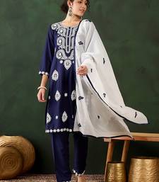 navy blue lucknowi chikankari rayon straight kurta pant set with chanderi dupatta