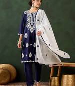 navy blue lucknowi chikankari rayon straight kurta pant set with chanderi dupatta