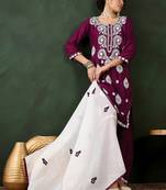 magenta lucknowi chikankari rayon straight kurta pant set with chanderi dupatta