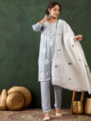 grey lucknowi chikankari rayon straight kurta pant set with chanderi dupatta 1