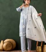 grey lucknowi chikankari rayon straight kurta pant set with chanderi dupatta
