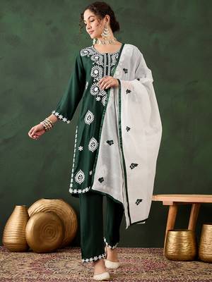 green lucknowi chikankari rayon straight kurta pant set with chanderi dupatta 1