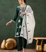 green lucknowi chikankari rayon straight kurta pant set with chanderi dupatta