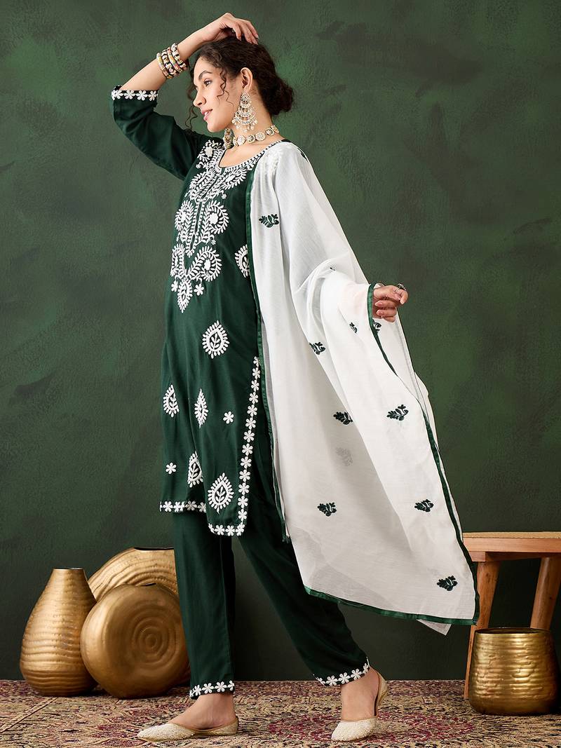 green lucknowi chikankari rayon straight kurta pant set with chanderi dupatta