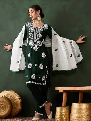 green lucknowi chikankari rayon straight kurta pant set with chanderi dupatta 3