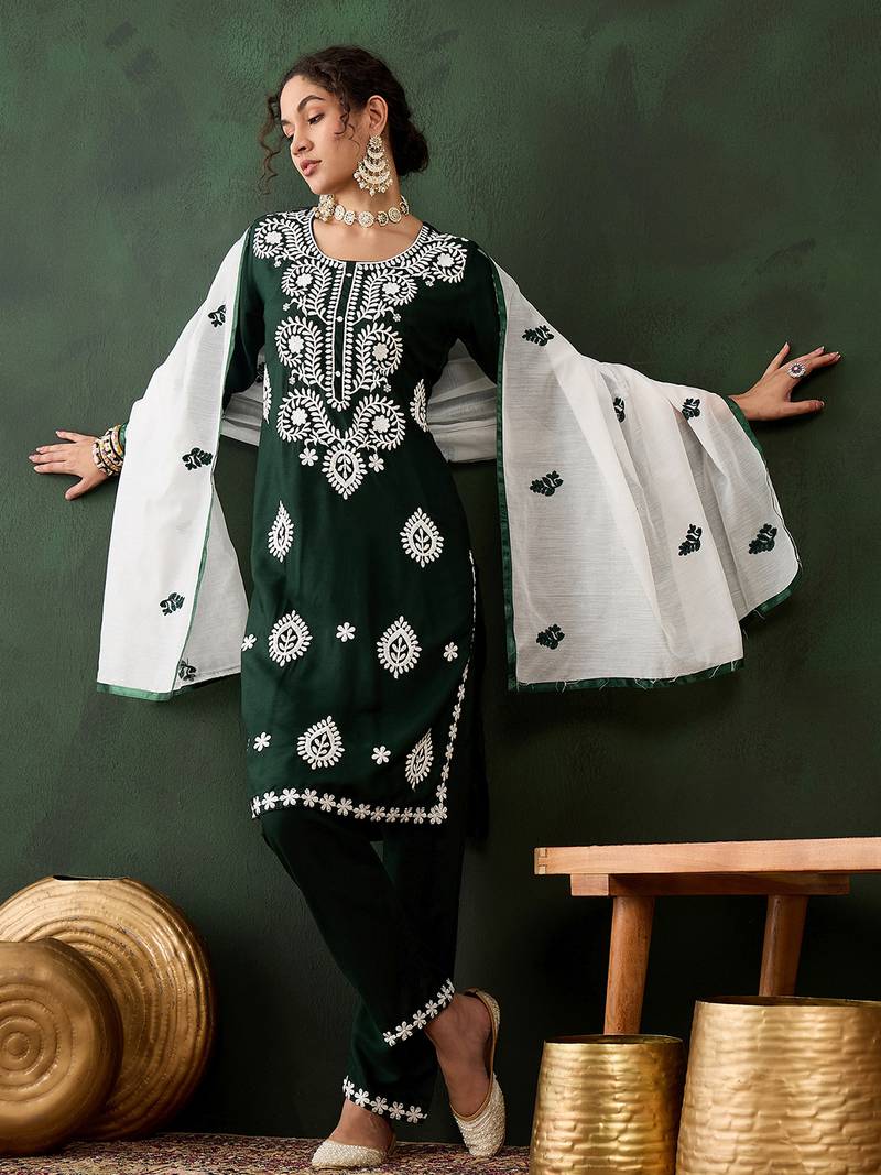 green lucknowi chikankari rayon straight kurta pant set with chanderi dupatta