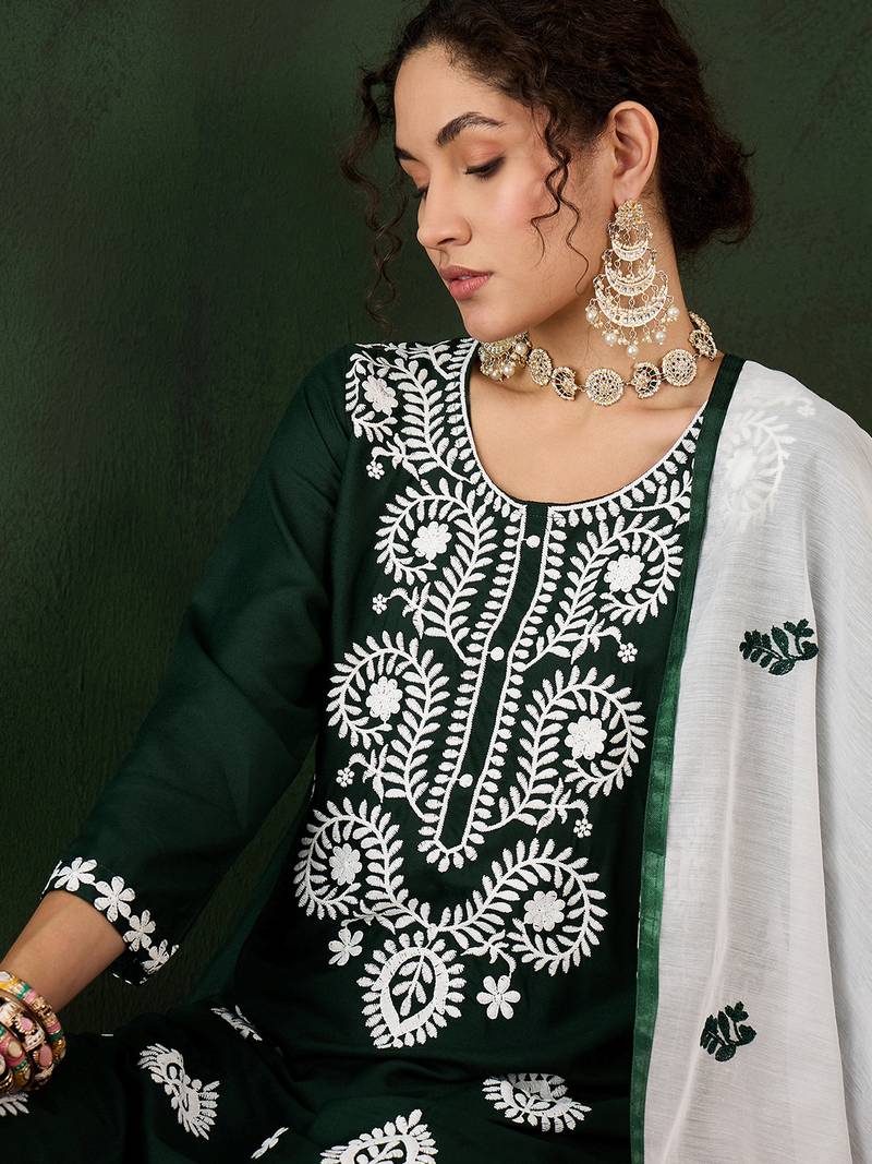 green lucknowi chikankari rayon straight kurta pant set with chanderi dupatta