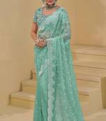 Sea green pure banarasi tuscany heavy thread embroidery, cut-dana, moti, with sequins work saree with blouse