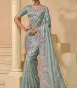 Pista green pure soft shine heavy thread embroidery, cut-dana, moti with sequins work saree with blouse