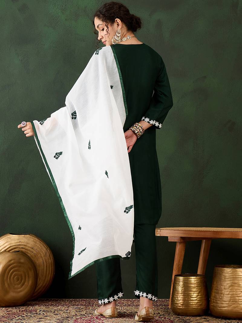 green lucknowi chikankari rayon straight kurta pant set with chanderi dupatta