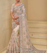 Cream pure banarasi tuscany heavy thread embroidery, moti, mirror, jari with sequins work saree with blouse